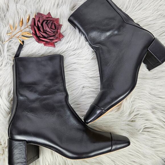 Ann Taylor Black Leather Ankle Boots Size 7M Square Toe Block Heel Back Zip Chic - Picture 2 of 13